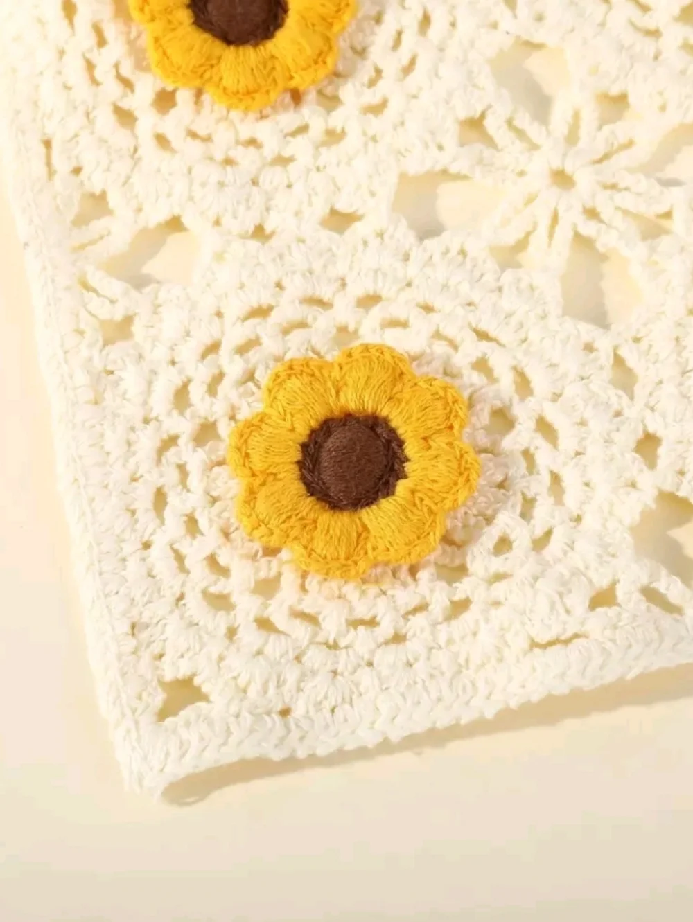 Crochet Cream Embroidered Sunflower Boho Bandana Scarf Cottagecore Summer